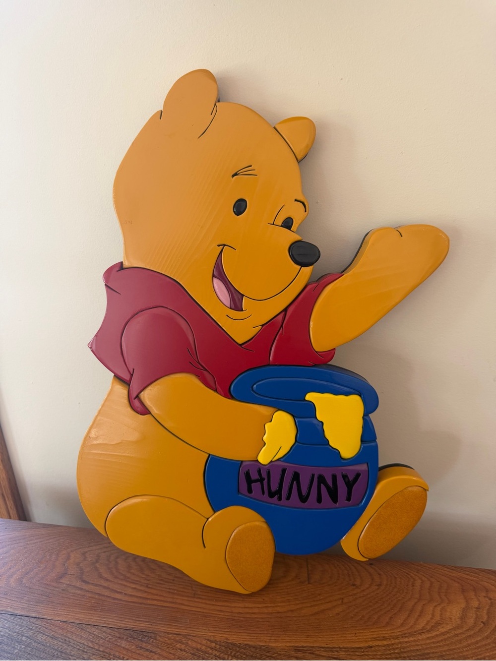 Vintage 14 x 20 wooden Winnie the Pooh Wall Art with Hunny Pot - Yellow & Blue